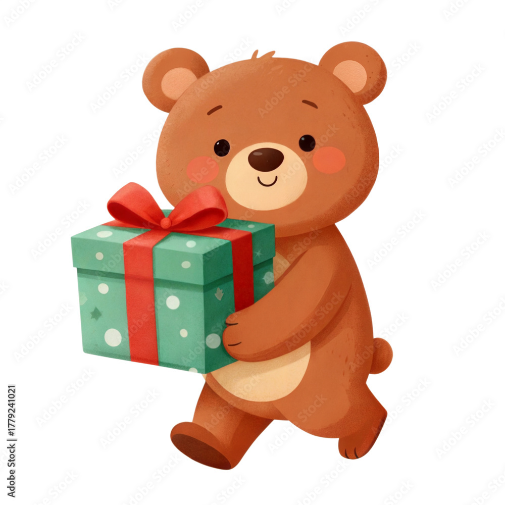 Fototapeta premium An adorable animated bear carrying a beautifully wrapped gift. Conveying the spirit of giving, joy, and the special feeling of receiving a present. 
