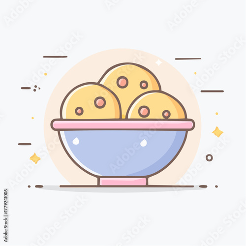 Yellow ice cream scoops in a pastel blue bowl with pink trim on a white background with sparse star accents
