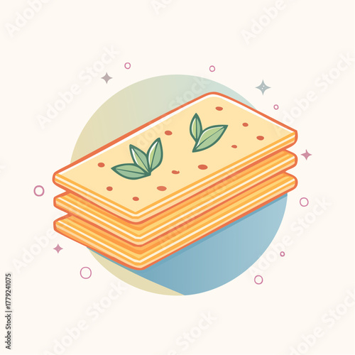 Pixel art illustration of a stack of lasagna with fresh basil leaves and red speckles on a pastel background with sparkling accents