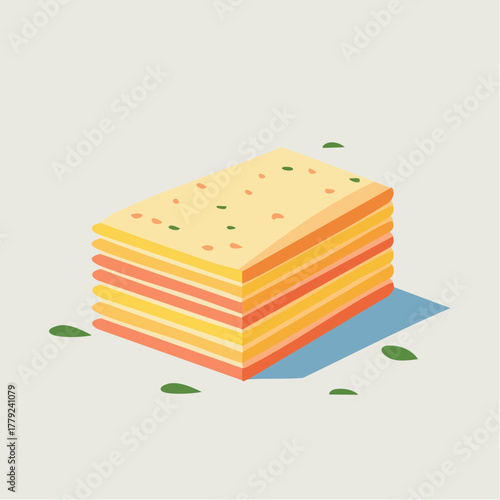 Geometric Pixel Art Lasagna Slice With Layers of Pasta Cheese and Sauce on Light Background and Green Garnish