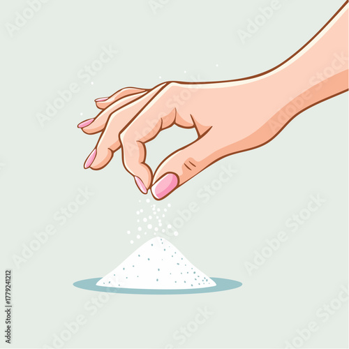 Close Up Of A womans Hand Sprinkling Salt On A Pile Of White Crystals Against A Light Blue Background