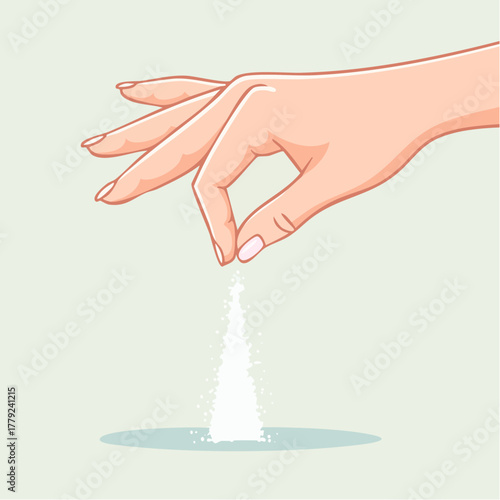 Close-up of a Fair-skinned Hand Sprinkling White Granules from Fingertips onto a Light-colored Surface with Subtle Blue Reflections Below