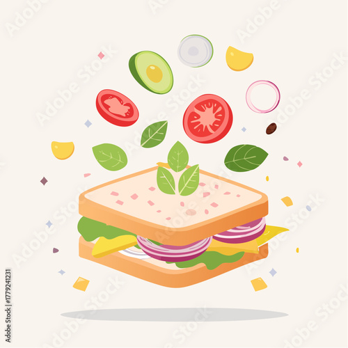 A Stacked Sandwich with Falling Ingredients Against a Light Background with Geometric Shapes