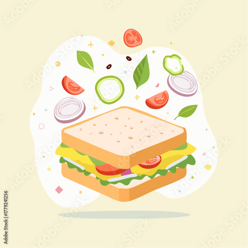 Delicious Stacked Sandwich With Fresh Ingredients Including Lettuce Tomato Onion and Cheese Floating Around a Light Yellow Background with Soft Abstract Shapes