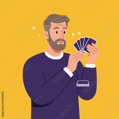 A man with a beard, in purple, holding cards, against a yellow background, a game's aesthetic