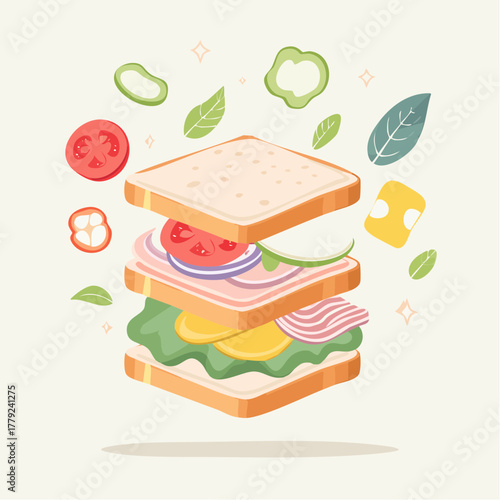 Pixel Art Style Delicious Sandwich With Ham Cheese Tomato Lettuce And Bacon Floating In Air With Green Pepper Slices And Leaves In Background