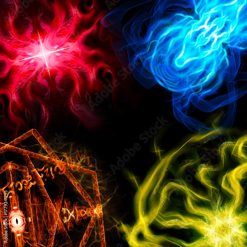 Different magic elements energy on black background, different life energies meeting, healing magic, life magic, destruction magic and electric magic