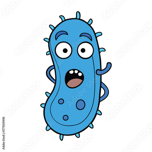 A quirky, ugly blue bacteria with wiggly shapes and uneven spots, looking both gross and oddly fascinating, crawling around in a tiny microscopic world.
