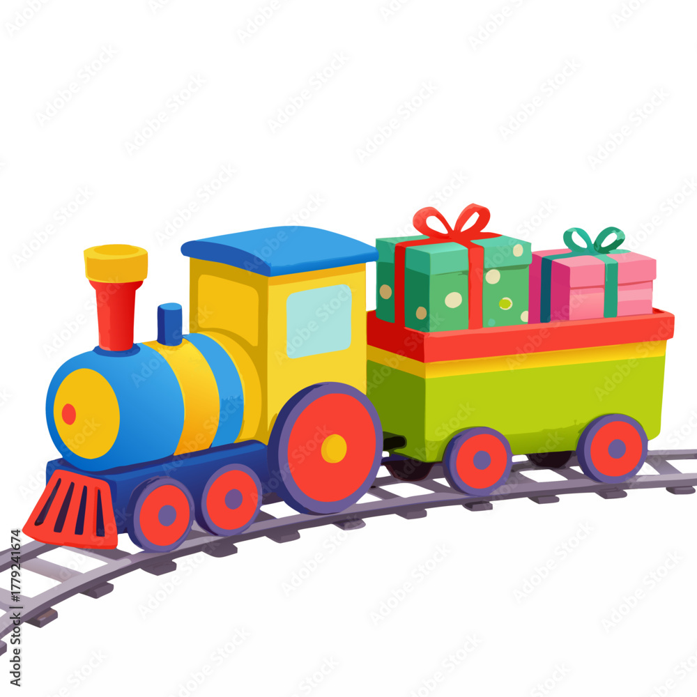 Naklejka premium A colorful train laden with wrapped gifts, travels along tracks, bringing joy and anticipation, perfect for themes of celebration and giving.