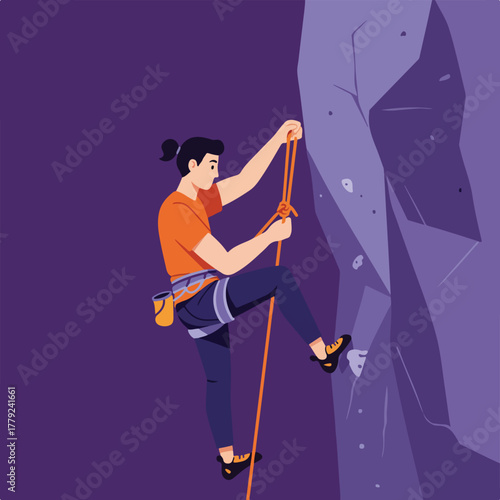A climber, in orange and blue, grips a rope while scaling a purple rock face. Illustration