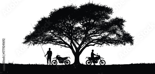 Motorcycle and fishing silhouette, black vector illustration, outdoor adventure, tree scene, leisure lifestyle, rural activity, peaceful moment, nature recreation