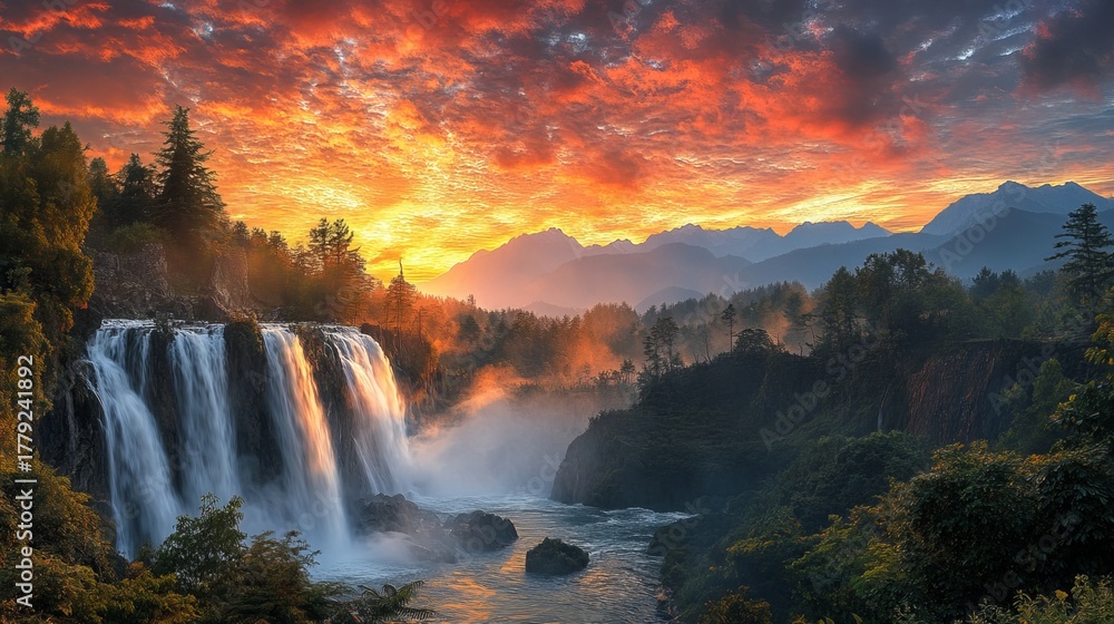 Fototapeta premium Waterfall cascades down from a rocky cliffside surrounded by trees, with mountains and a fiery sunset filling the background.