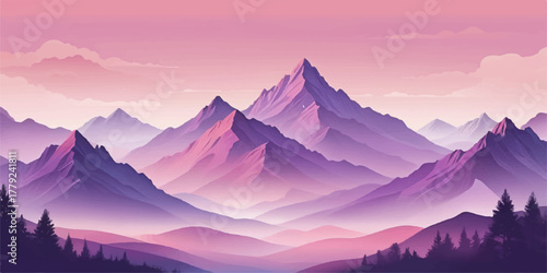 Dreamy mountain valley with layered purple peaks fading into mist, expressing depth and calmness.