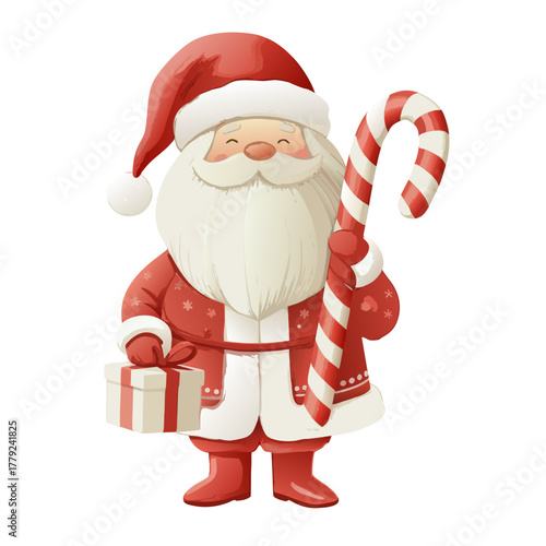 A cheerful illustration of Santa Claus, beaming with holiday cheer, holds a candy cane and a gift. It's a joyful visual of festive giving.