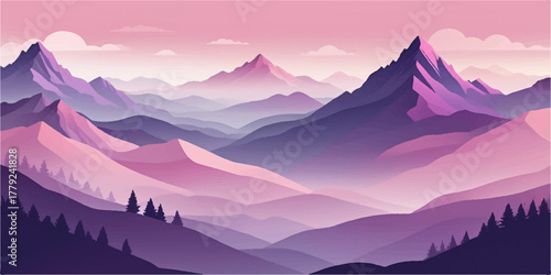 Misty mountain horizon with violet and pink hues, elegant design for abstract nature concepts.