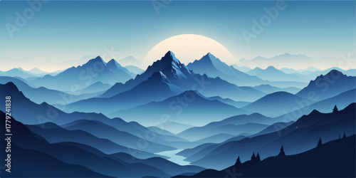 Minimalist mountain illustration in blue tones,  morning sunrise depicting natural harmony and tranquility ideal for eco design and creative backgrounds.