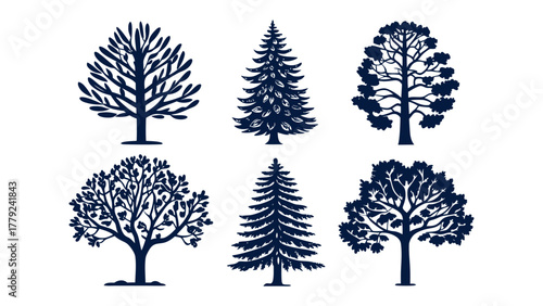 Tree Silhouettes Collection: A curated collection of diverse tree silhouettes, presenting the elegant simplicity and variations in the plant world.  Perfect for nature projects and design.