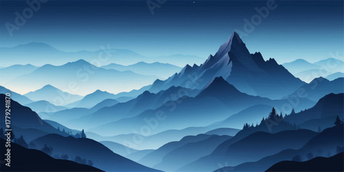 Vector landscape blue mountain ranges under a glowing dawn light, snow representing peace and new beginnings.