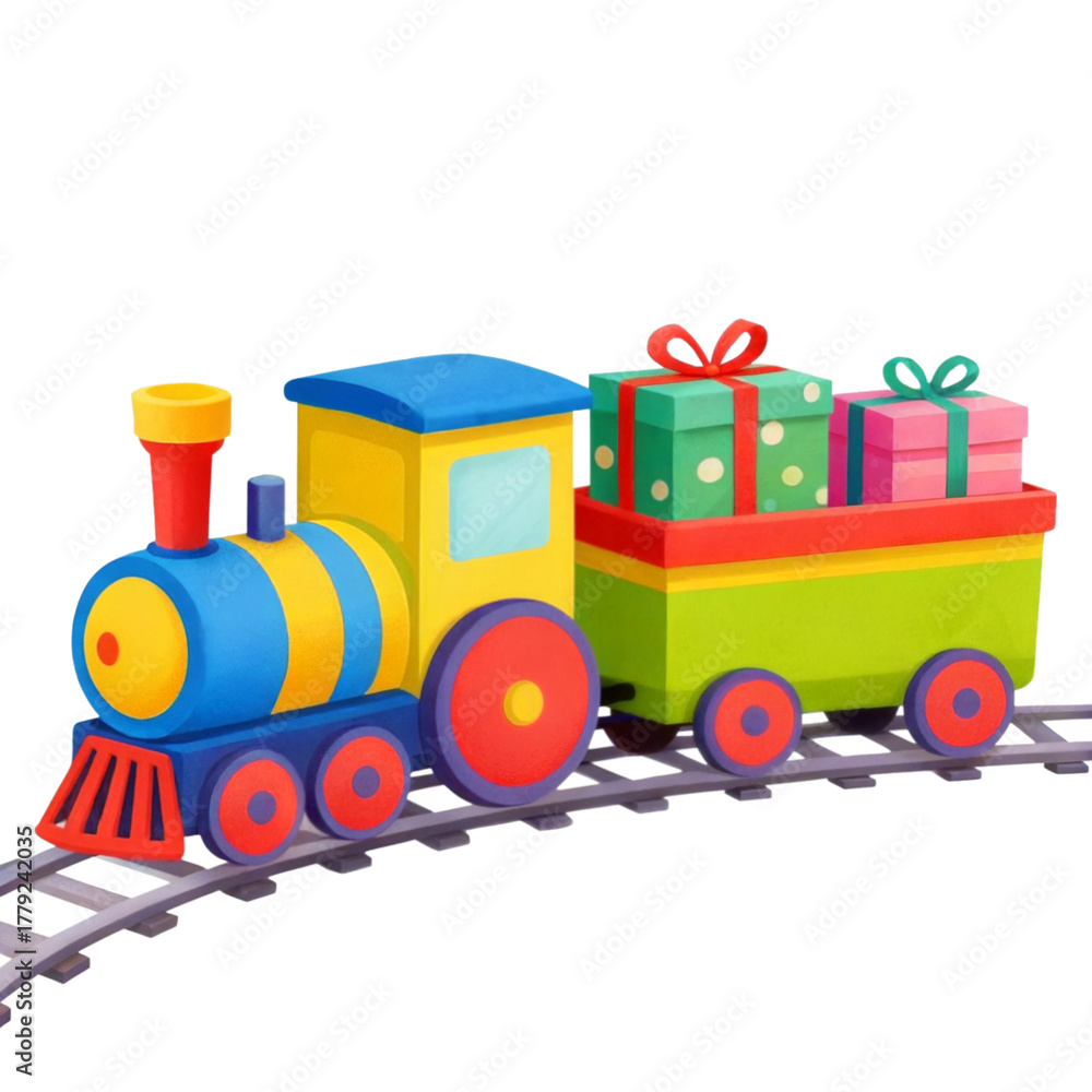 Naklejka premium A whimsical and vibrant cartoon train carries a delightful assortment of wrapped gifts, evoking joy and anticipation.
