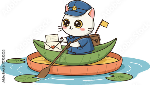 Cute cartoon cat postman rowing a leaf boat, adorable animal mail carrier delivering love letters, creative children illustration concept