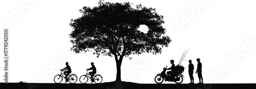 Outdoor silhouette illustration, tree, cyclists, motorcycle, fishing gear, black vector art, leisure activity, nature scene, countryside adventure, peaceful lifestyle