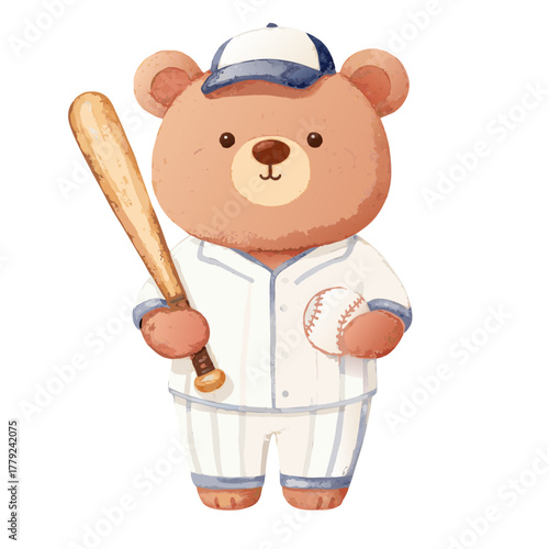 A charming watercolor illustration depicts a playful teddy bear, joyfully embracing the spirit of baseball with a bat and ball in hand, ready for a fun-filled game.