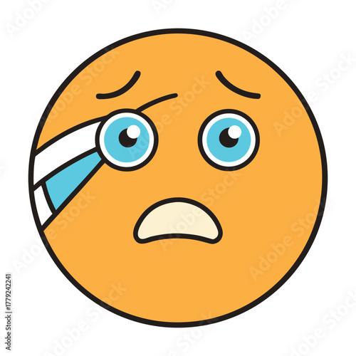 A cute sick emoticon with droopy eyes, a frown, flushed cheeks, and a thermometer in its mouth, perfectly showing feeling unwell or under the weather.
