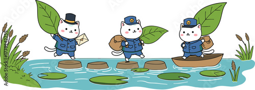 Cute cartoon cats dressed as postmen crossing river on stones and boat, adorable animal mail carriers delivering letters illustration art