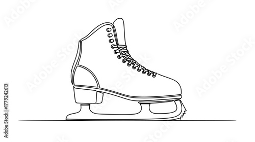 Single line drawing of an ice skate — elegant minimalist design showing boot and sharp blade, ice sport symbol.