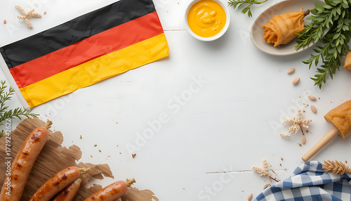 German Flag with Sausages Mustard and Traditional Food on White Background