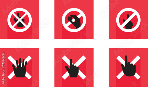 Set of prohibition icons with hand gestures flat vector design element isolated on red background