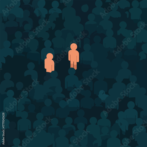 Abstract image of a crowd of silhouettes in dark teal, with two orange figures standing out