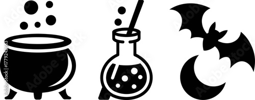 Magical Halloween icons: cauldron, potion, and bat with crescent moon