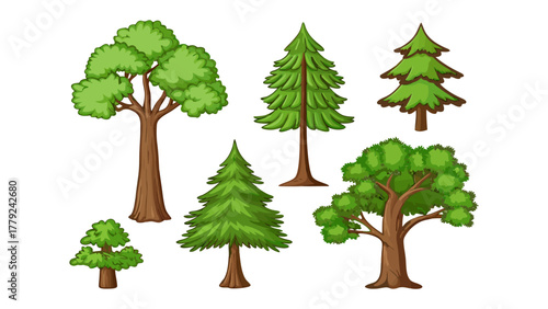 Variety of Trees: Various stylized trees showcase diversity in leaf and branch structures, representing the essence of different tree forms