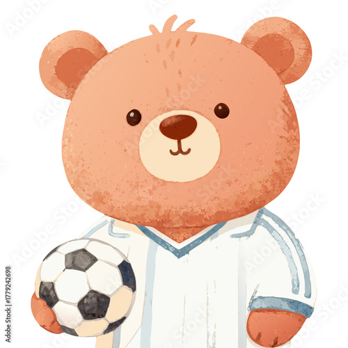 An adorable bear, ready for the game, holding a soccer ball, a charming cartoon style of a bear dressed up in a soccer uniform.