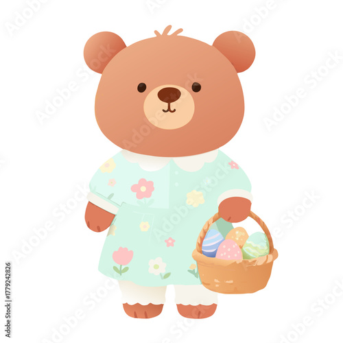 A charming illustration features an adorable bear, dressed for the occasion, holding a basket filled with colorful Easter eggs, radiating joy and festive spirit.
