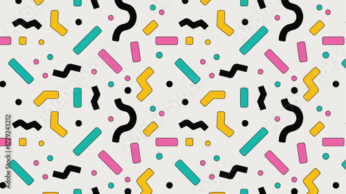 Retro 80s pattern with geometric shapes in bright colors on