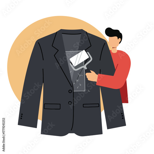 Illustration shows a man using a lint roller on a dark blazer in front of an orange circle
