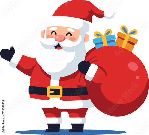 Cute cartoon Santa Claus with gift bag illustration, cheerful Christmas character bringing presents, holiday design for festive celebration and decoration
