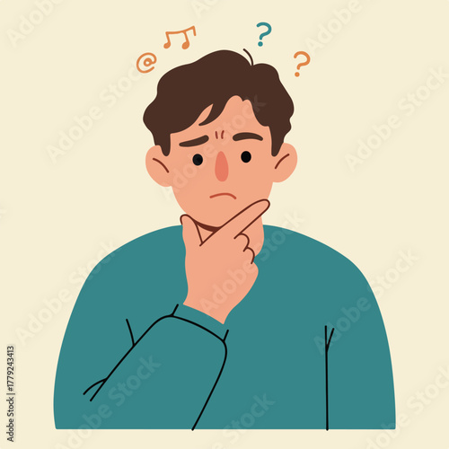 A cartoonish illustration of a man pondering with floating music symbols and question marks overhead