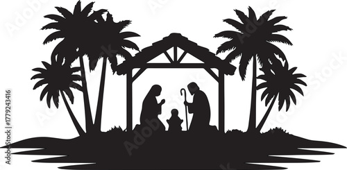 Silhouette of Nativity scene in Bethlehem. Baby Jesus in a manger with Mary and Joseph.