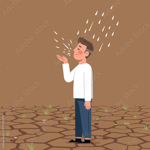 A person in a dry landscape reaches up to catch droplets of water falling from the sky