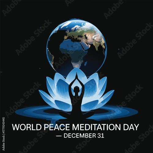 World Peace Meditation Day Poster. Earth and Lotus Flower Illustration
