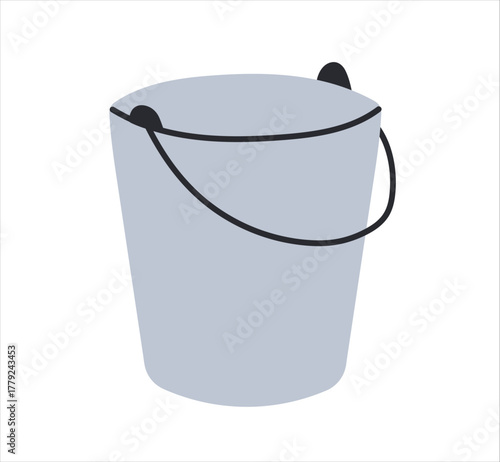 Metal bucket with black handle used for cleaning, washing, and carrying water or tools in household and industrial work environments flat vector illustration.