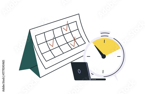 Desk calendar with analog clock symbolizing time management, daily scheduling, meeting planning, and productivity organization in office and business workflow isolated on white background flat vector.