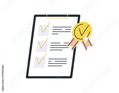 Checklist document with approved marks and gold ribbon representing success, validation, task completion, and certified performance report concept flat vector illustration.