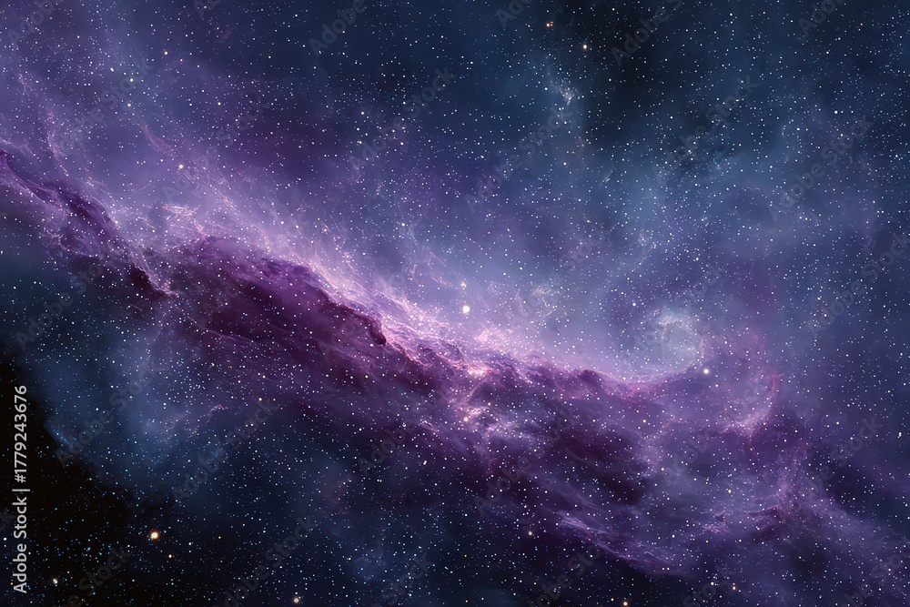 Fototapeta premium Vibrant Nebula Shimmers Across a Starry Sky in Deep Space Depicting Ethereal Clouds of Purple, Blue, and White with Countless Stars Emitting a Soft Glow