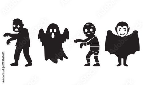 Halloween Silhouette Pack – Zombie, Ghost, Mummy, Vampire Cartoon Icons