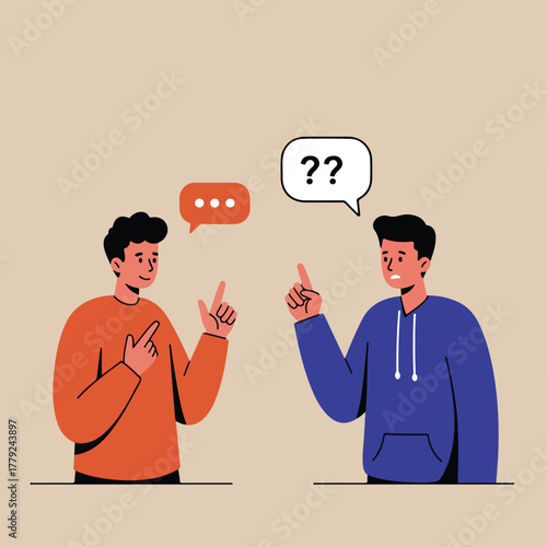 Two people, one in orange, one in blue, discuss, with speech bubbles & questions. Simple flat style