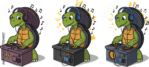 Cute cartoon turtle DJ playing music on turntable, funny animal with headphones mixing beats, music party illustration for kids
